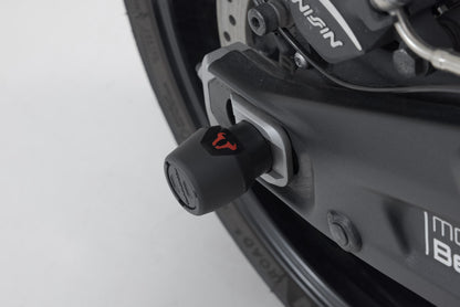 SW-MOTECH Kit de topes anticaidas para el eje trasero Negro. Daytona Trident Tiger 660 X-Cape 650.