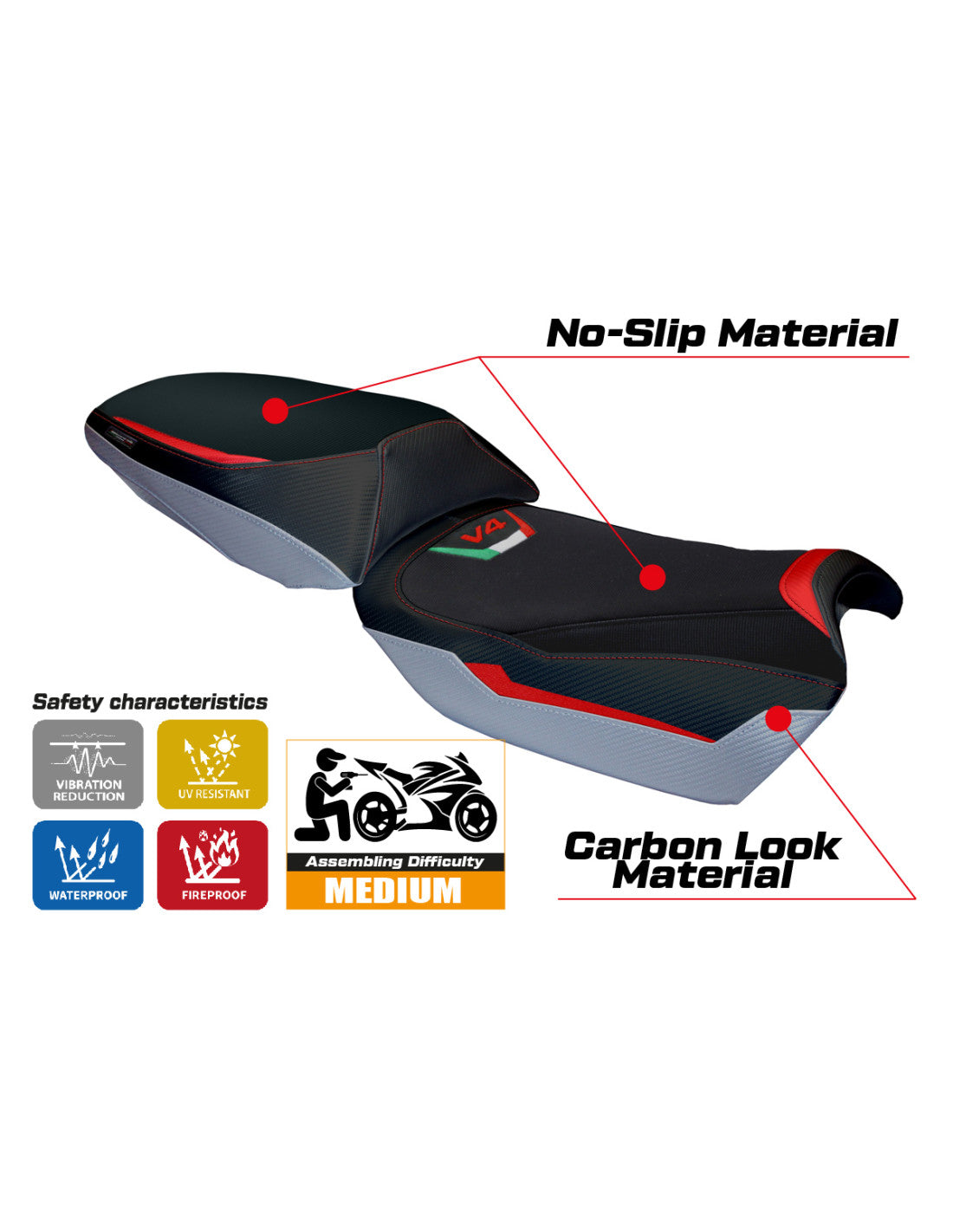 Funda de asiento compatible Ducati Multistrada V4 Rally (23-24)  Modelo Adria, Color Rojo/Plata (NO INCLUYE ASIENTO)